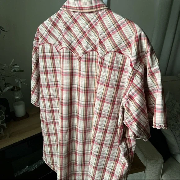 Wrangler Mens Short Sleeve Snap Close Red/white/orange/silver Plaid Shirt Sz XL - Picture 12 of 16
